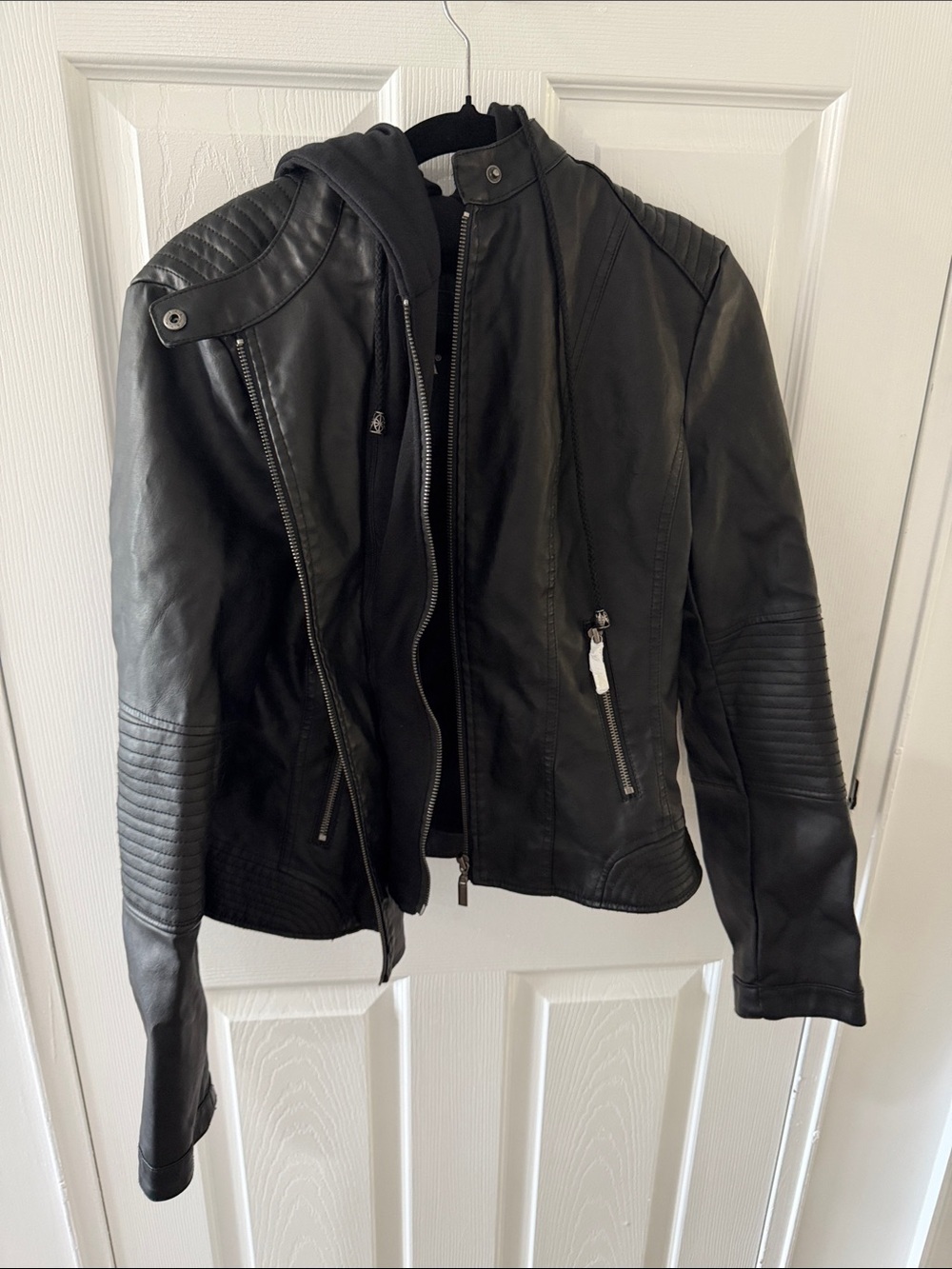 Black Leather Hooded Moto Jacket - NWT SIZE LARGE